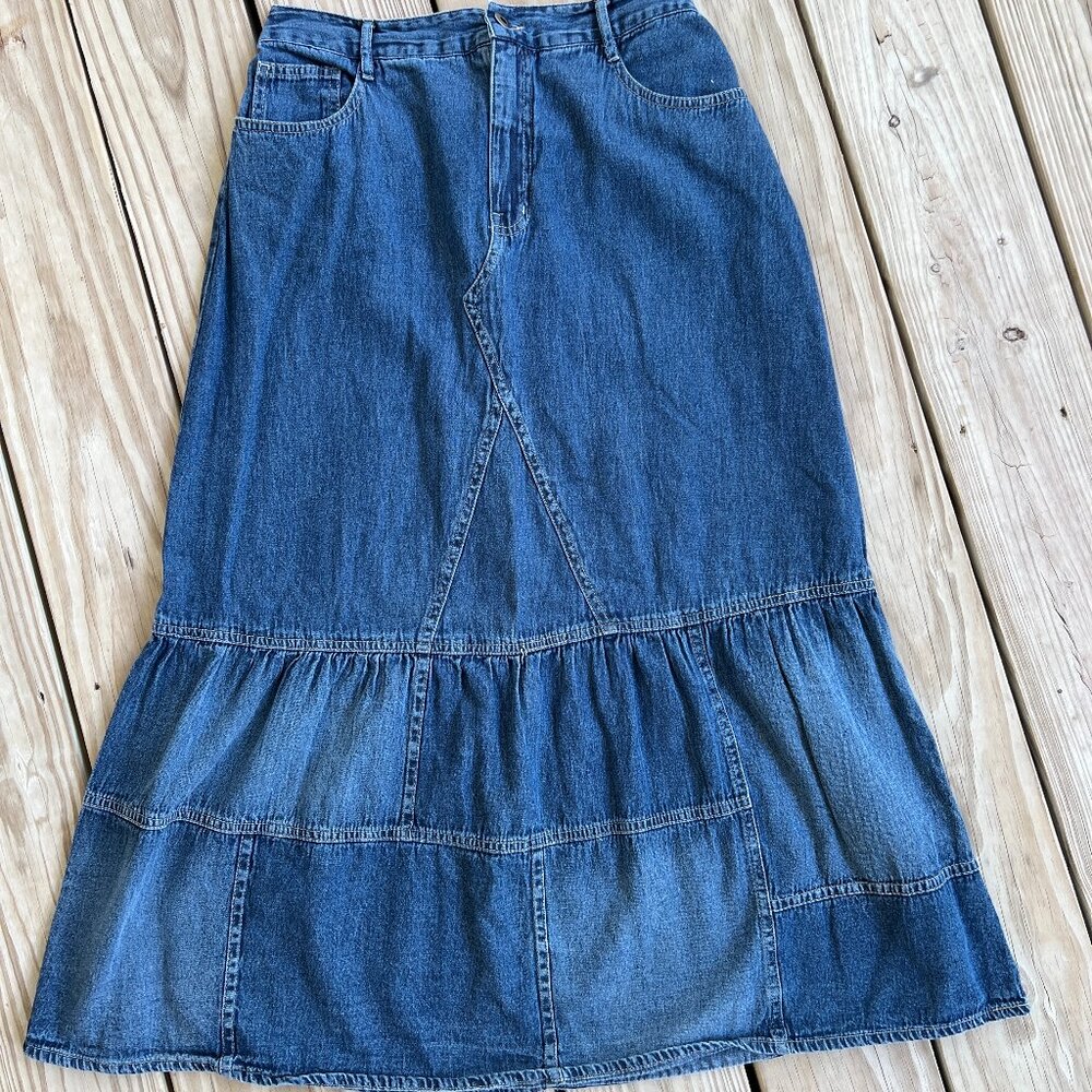 Denim maxi skirt patchwork ruffle tiered M vintage
